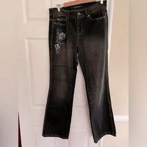 DKNY Soho Jeans: Black, Silver Beaded Flower on Right Leg Distressed, 10